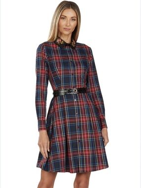 Long-Sleeve Plaid Button-Front Dress in Navy/Red